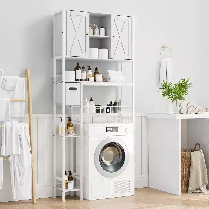 Over The Toilet Storage Cabinet with 2 Doors, Water-Resistant Freestanding Bathroom Organizer Shelf, Space-Saver Rack with Toilet Paper Holder