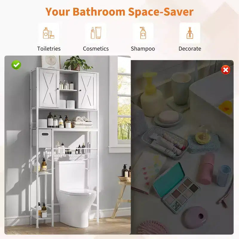 Over The Toilet Storage Cabinet with 2 Doors, Water-Resistant Freestanding Bathroom Organizer Shelf, Space-Saver Rack with Toilet Paper Holder