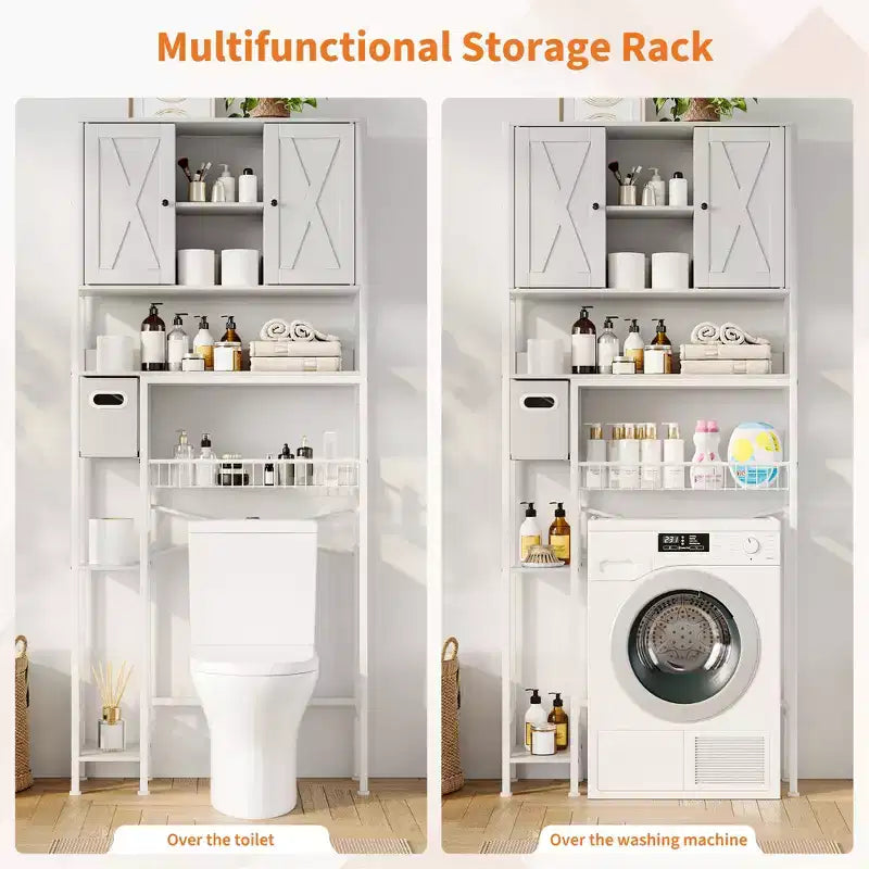 Over The Toilet Storage Cabinet with 2 Doors, Water-Resistant Freestanding Bathroom Organizer Shelf, Space-Saver Rack with Toilet Paper Holder