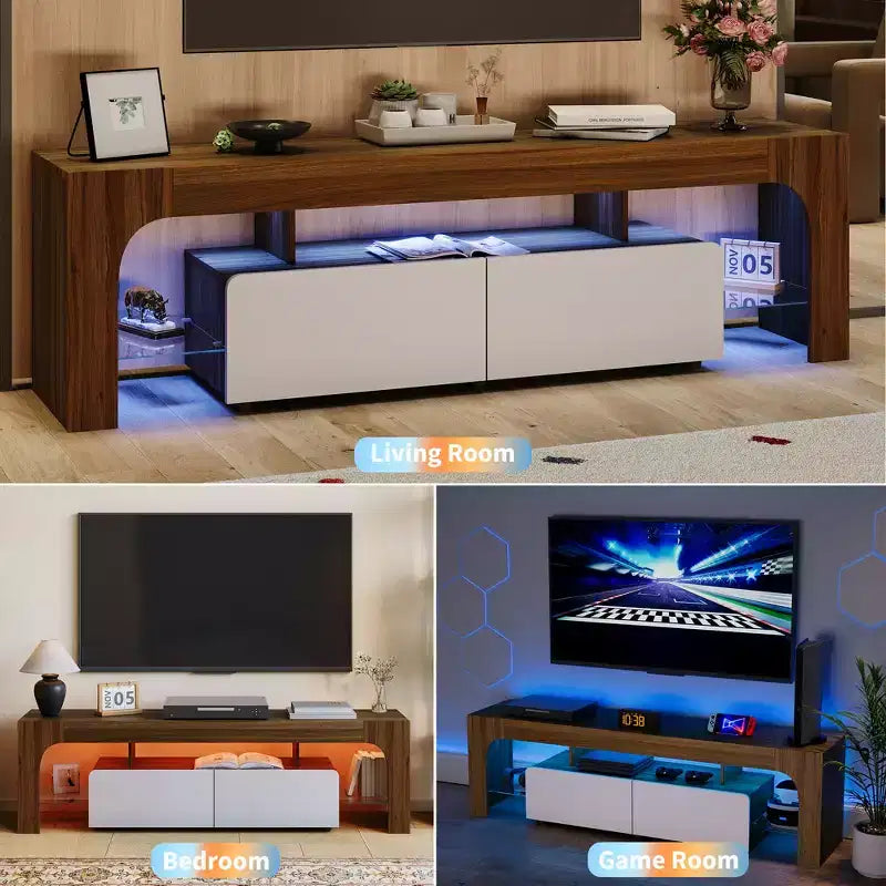 Modern Farmhouse LED TV Stand for TVs up to 70 Inch Entertainment Center with 2 Drawers, Adjustable Shelves, Wooden Media Console Cabinet