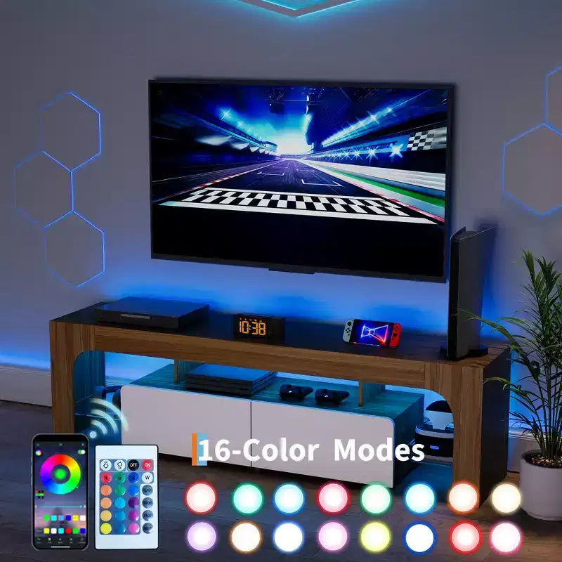Modern Farmhouse LED TV Stand for TVs up to 70 Inch Entertainment Center with 2 Drawers, Adjustable Shelves, Wooden Media Console Cabinet
