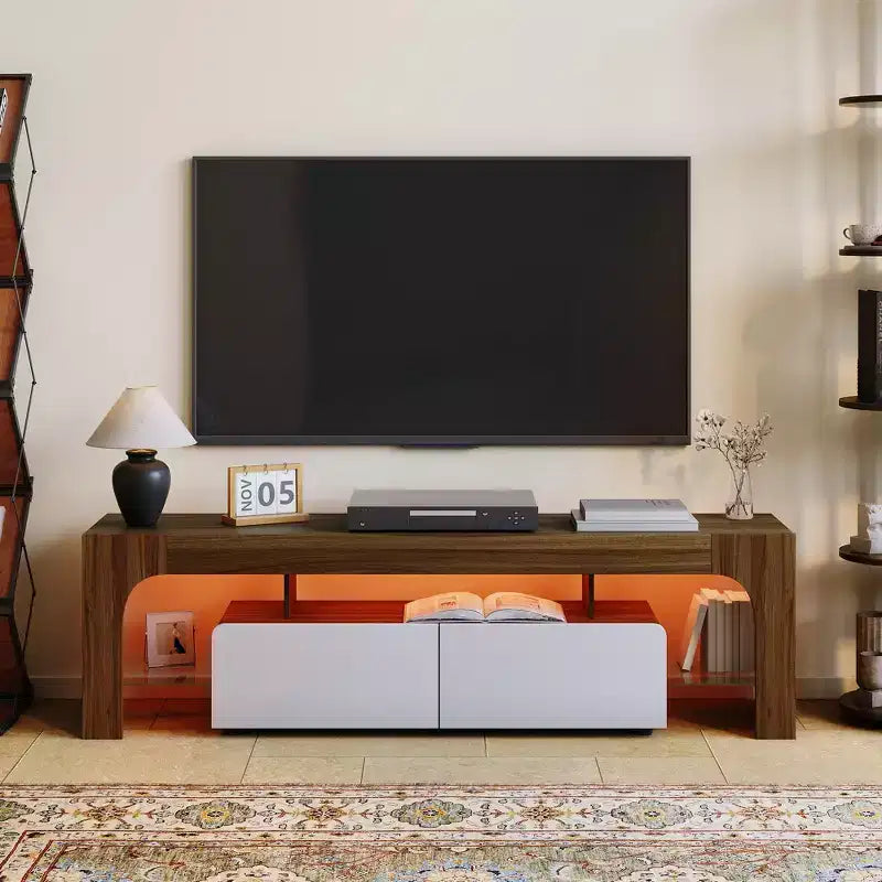 Modern Farmhouse LED TV Stand for TVs up to 70 Inch Entertainment Center with 2 Drawers, Adjustable Shelves, Wooden Media Console Cabinet