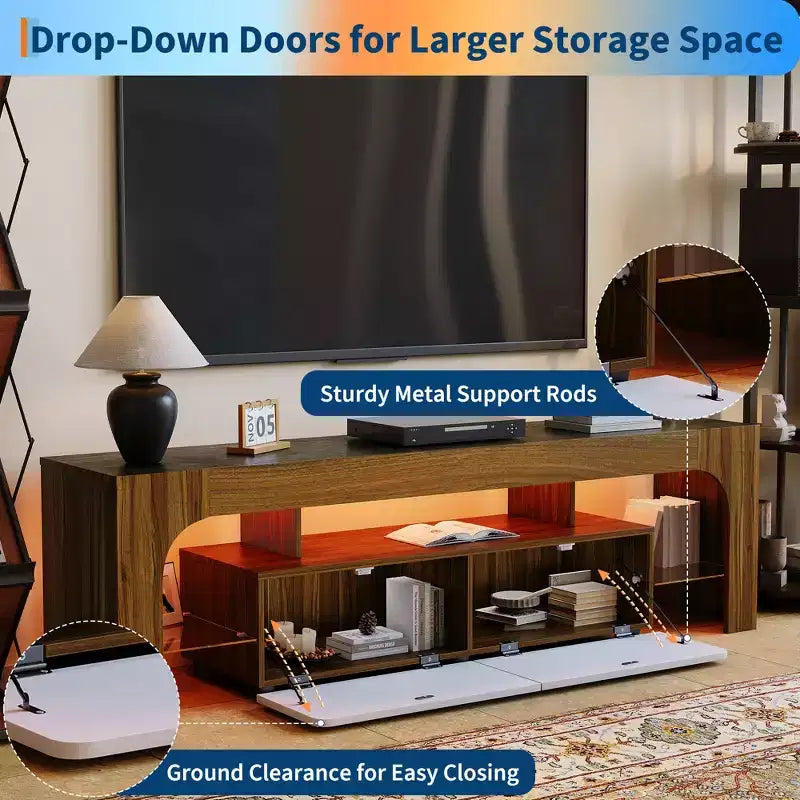 Modern Farmhouse LED TV Stand for TVs up to 70 Inch Entertainment Center with 2 Drawers, Adjustable Shelves, Wooden Media Console Cabinet