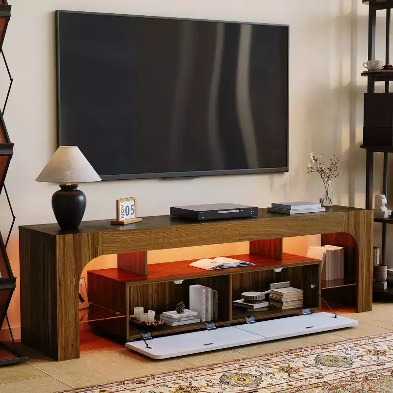 Modern Farmhouse LED TV Stand for TVs up to 70 Inch Entertainment Center with 2 Drawers, Adjustable Shelves, Wooden Media Console Cabinet