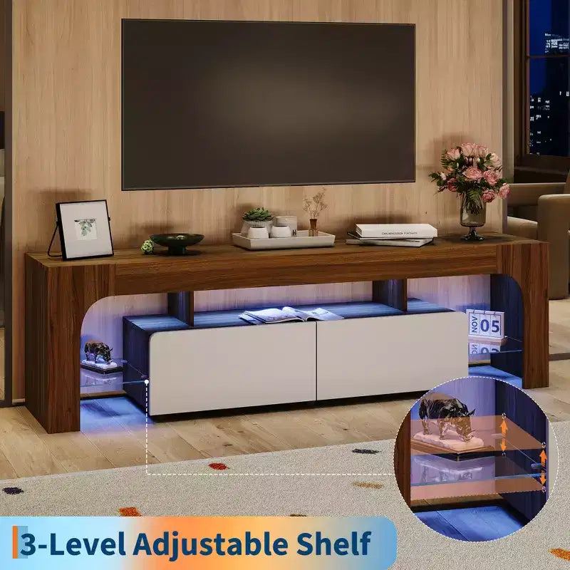 Modern Farmhouse LED TV Stand for TVs up to 70 Inch Entertainment Center with 2 Drawers, Adjustable Shelves, Wooden Media Console Cabinet