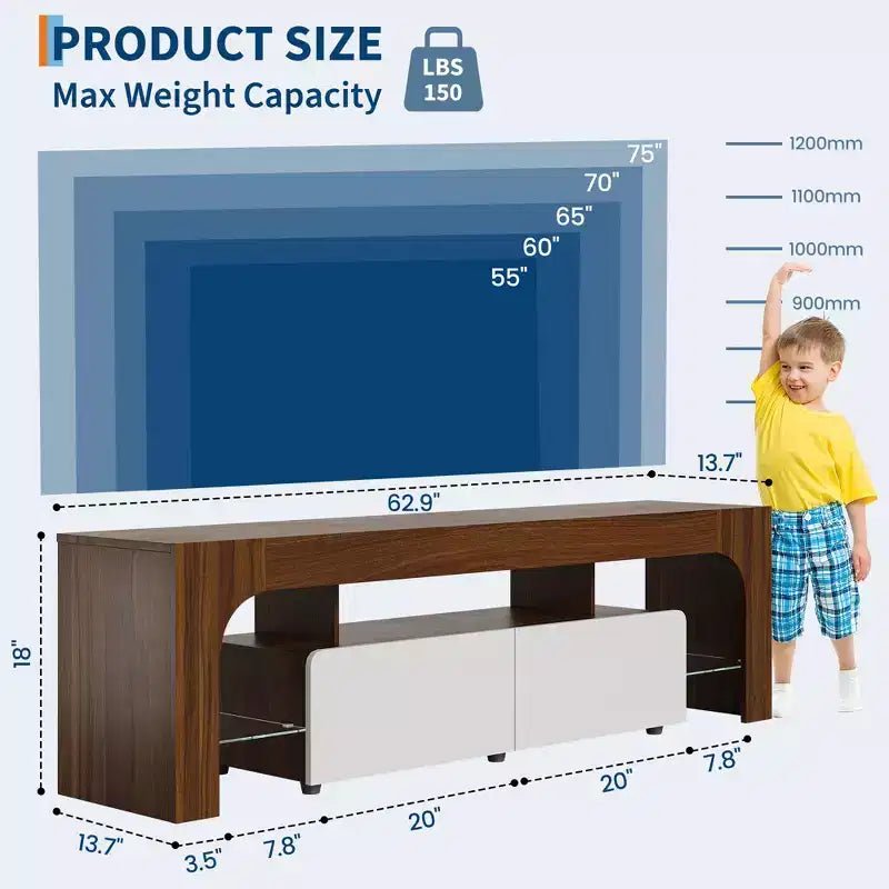 Modern Farmhouse LED TV Stand for TVs up to 70 Inch Entertainment Center with 2 Drawers, Adjustable Shelves, Wooden Media Console Cabinet