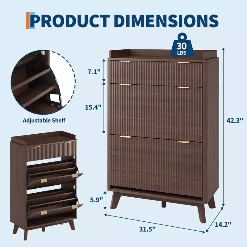 Modern Fluted Shoe Cabinet for Entryway, 48 Tall Narrow Wooden Shoe Rack Organizer with 2 Flip Drawers & Adjustable Shelves for Apartment Living Roo