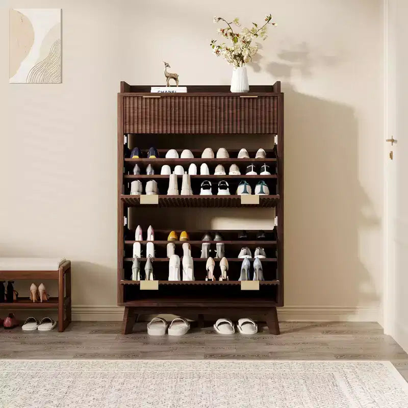 Modern Fluted Shoe Cabinet for Entryway, 48 Tall Narrow Wooden Shoe Rack Organizer with 2 Flip Drawers & Adjustable Shelves for Apartment Living Roo