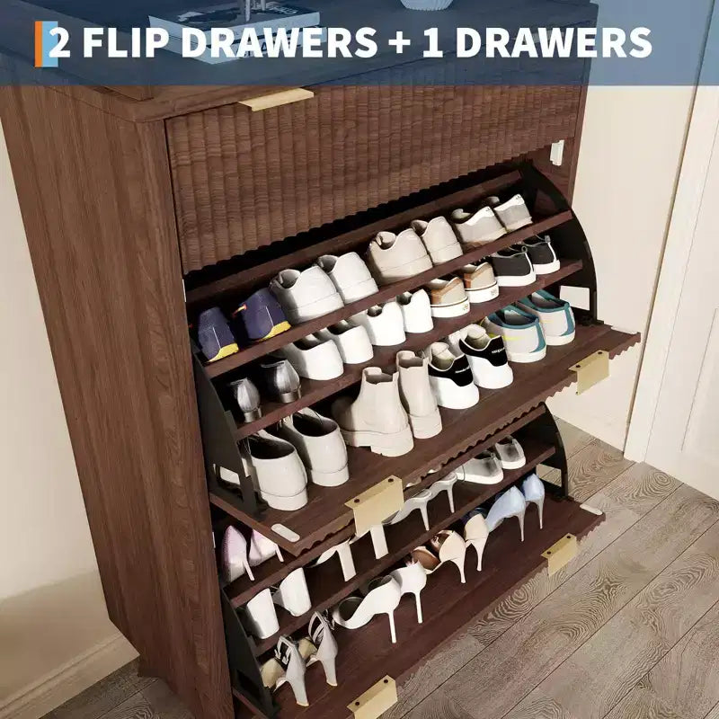 Modern Fluted Shoe Cabinet for Entryway, 48 Tall Narrow Wooden Shoe Rack Organizer with 2 Flip Drawers & Adjustable Shelves for Apartment Living Roo