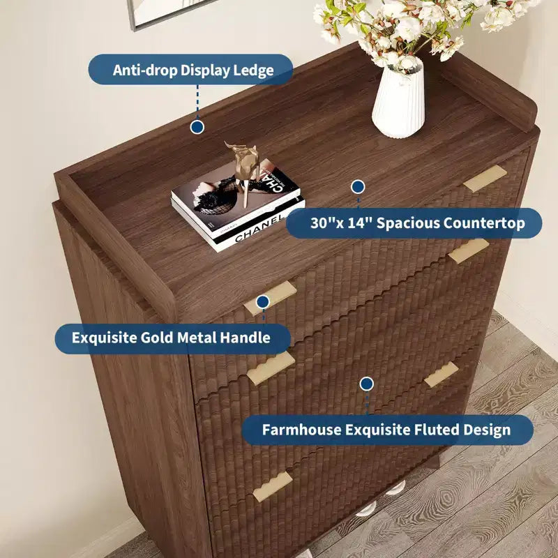 Modern Fluted Shoe Cabinet for Entryway, 48 Tall Narrow Wooden Shoe Rack Organizer with 2 Flip Drawers & Adjustable Shelves for Apartment Living Roo