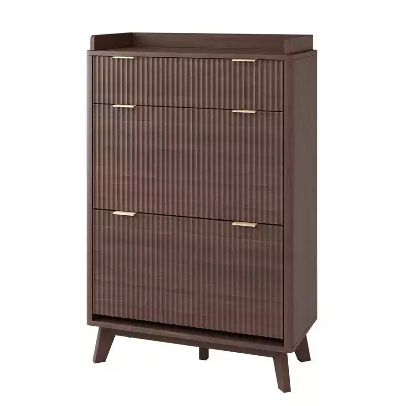 Modern Fluted Shoe Cabinet for Entryway, 48 Tall Narrow Wooden Shoe Rack Organizer with 2 Flip Drawers & Adjustable Shelves for Apartment Living Roo