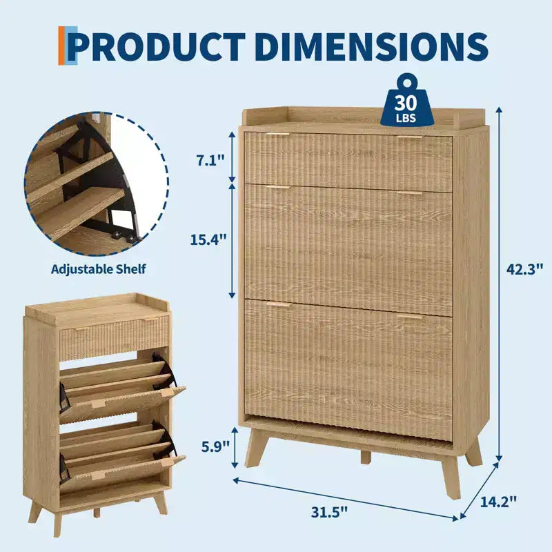 Modern Fluted Shoe Cabinet for Entryway, 48 Tall Narrow Wooden Shoe Rack Organizer with 2 Flip Drawers & Adjustable Shelves for Apartment Living Roo