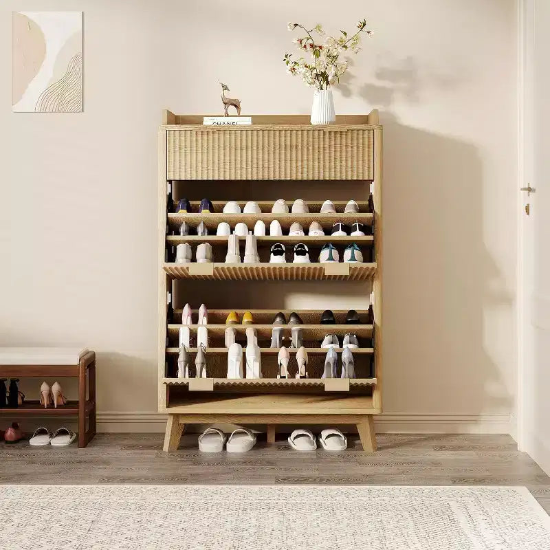 Modern Fluted Shoe Cabinet for Entryway, 48 Tall Narrow Wooden Shoe Rack Organizer with 2 Flip Drawers & Adjustable Shelves for Apartment Living Roo