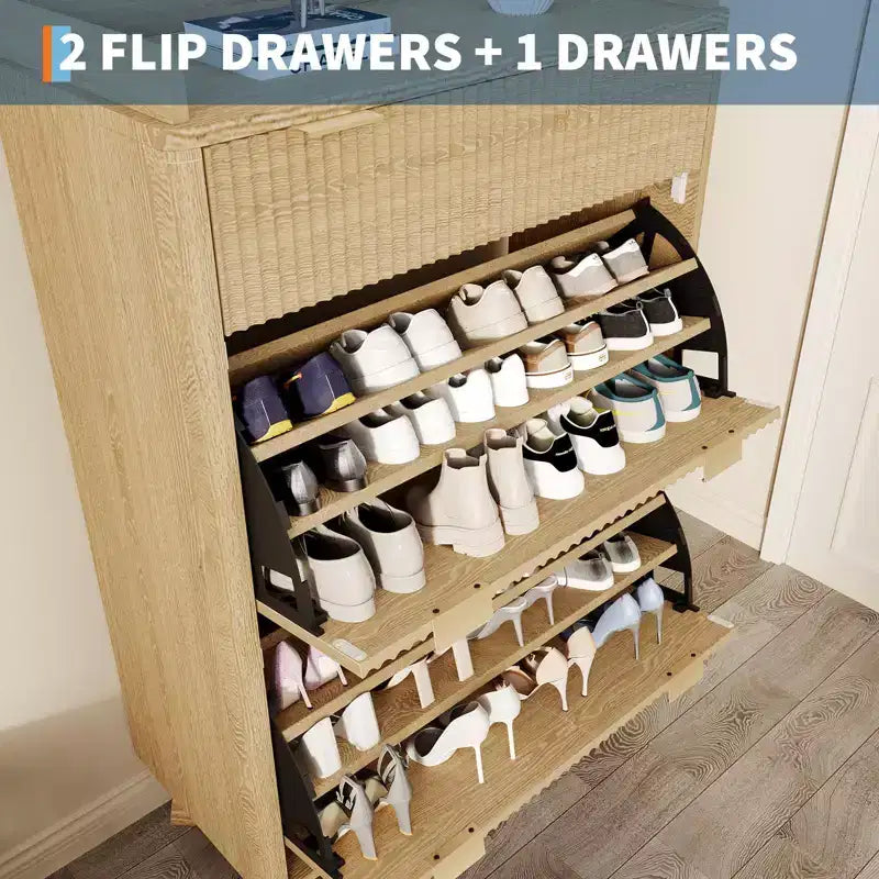 Modern Fluted Shoe Cabinet for Entryway, 48 Tall Narrow Wooden Shoe Rack Organizer with 2 Flip Drawers & Adjustable Shelves for Apartment Living Roo