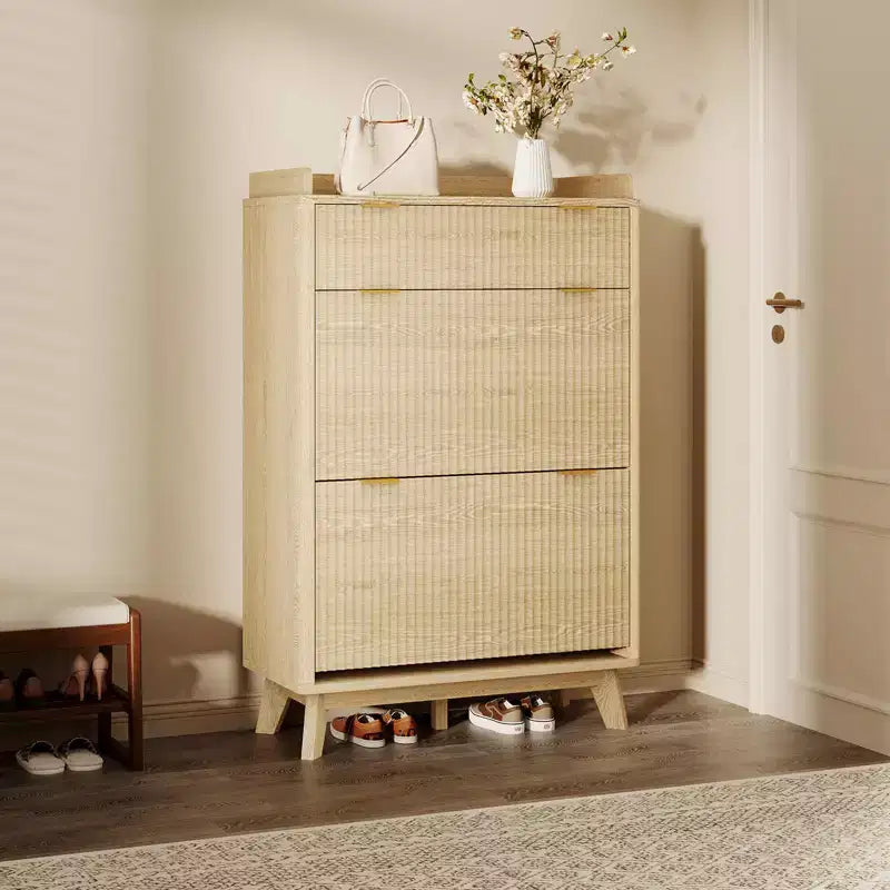 Modern Fluted Shoe Cabinet for Entryway, 48 Tall Narrow Wooden Shoe Rack Organizer with 2 Flip Drawers & Adjustable Shelves for Apartment Living Roo