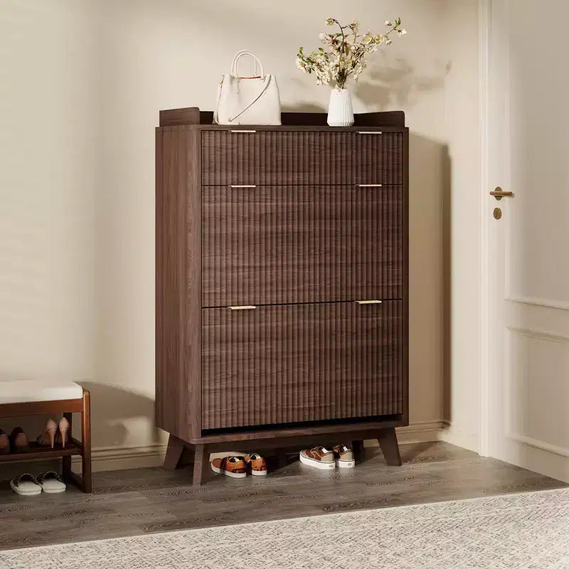 Modern Fluted Shoe Cabinet for Entryway, 48 Tall Narrow Wooden Shoe Rack Organizer with 2 Flip Drawers & Adjustable Shelves for Apartment Living Roo