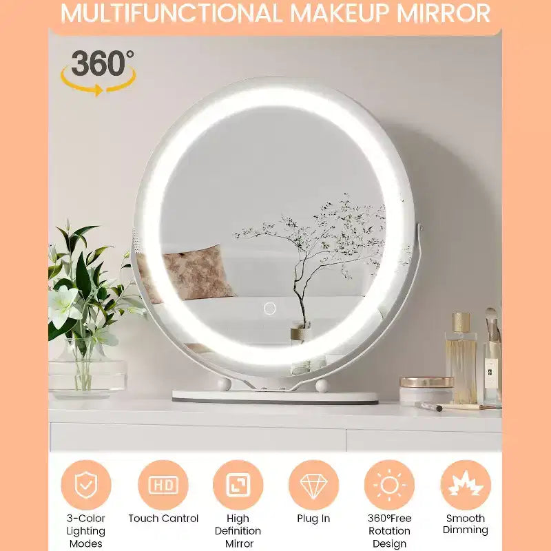 Modern LED Vanity Mirror 19 Round, 3-Color Dimmable Lighting, 360 Rotatable, Smart Touch Control, Aluminum Alloy Frame, Black