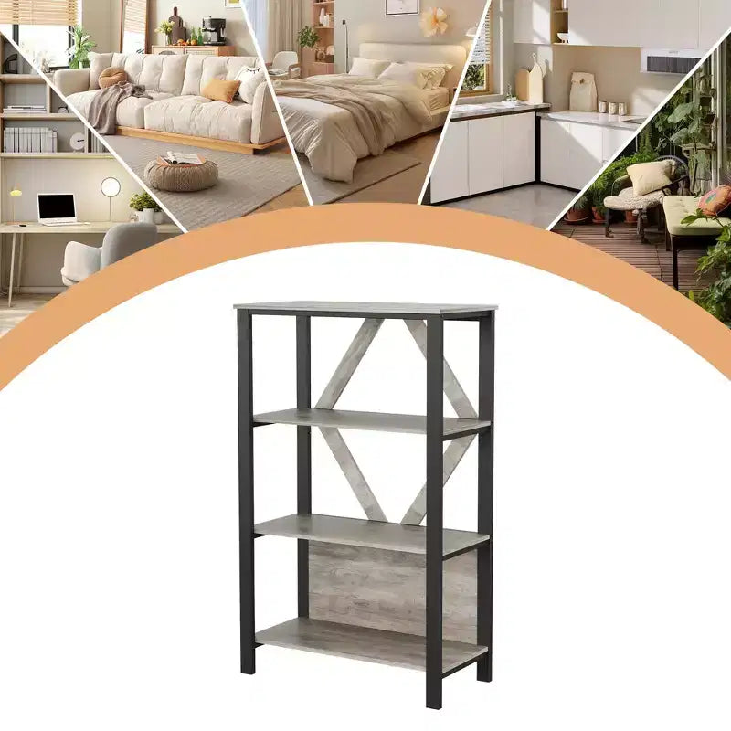 Bookshelf with LED Lights, Bookcase with Open Display Shelves, Wood and Metal Standing Display Bookshelf, Heavy Duty Bookcase for Office Living Room
