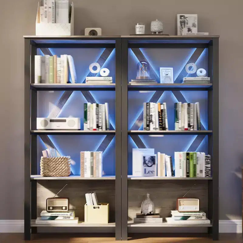 Bookshelf with LED Lights, Bookcase with Open Display Shelves, Wood and Metal Standing Display Bookshelf, Heavy Duty Bookcase for Office Living Room