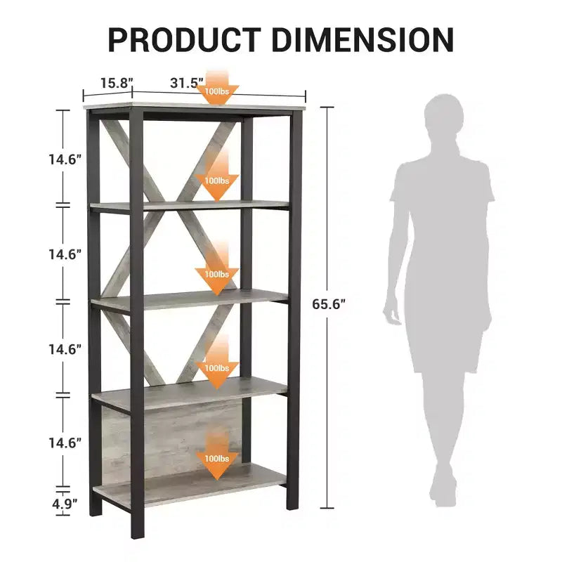 Bookshelf with LED Lights, Bookcase with Open Display Shelves, Wood and Metal Standing Display Bookshelf, Heavy Duty Bookcase for Office Living Room