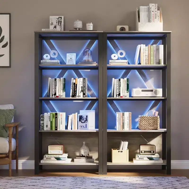 Bookshelf with LED Lights, Bookcase with Open Display Shelves, Wood and Metal Standing Display Bookshelf, Heavy Duty Bookcase for Office Living Room
