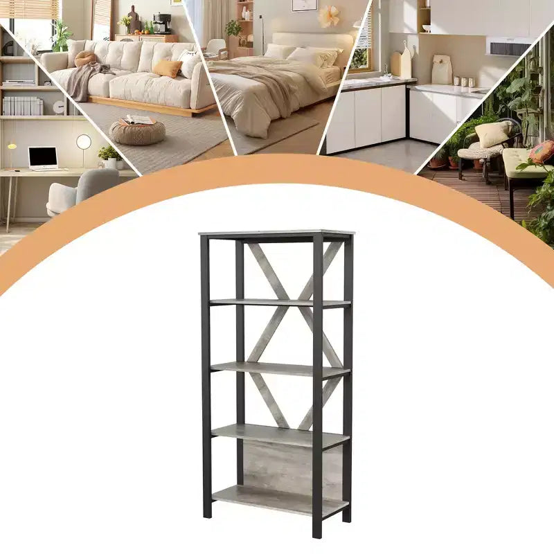 Bookshelf with LED Lights, Bookcase with Open Display Shelves, Wood and Metal Standing Display Bookshelf, Heavy Duty Bookcase for Office Living Room