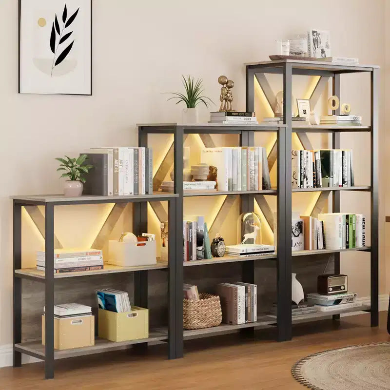 Bookshelf with LED Lights, Bookcase with Open Display Shelves, Wood and Metal Standing Display Bookshelf, Heavy Duty Bookcase for Office Living Room