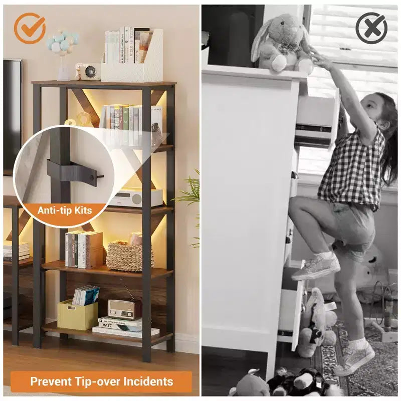 Bookshelf with LED Lights, Bookcase with Open Display Shelves, Wood and Metal Standing Display Bookshelf, Heavy Duty Bookcase for Office Living Room