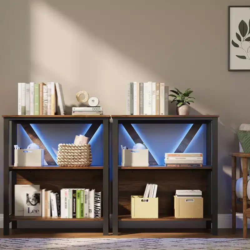 Bookshelf with LED Lights, Bookcase with Open Display Shelves, Wood and Metal Standing Display Bookshelf, Heavy Duty Bookcase for Office Living Room