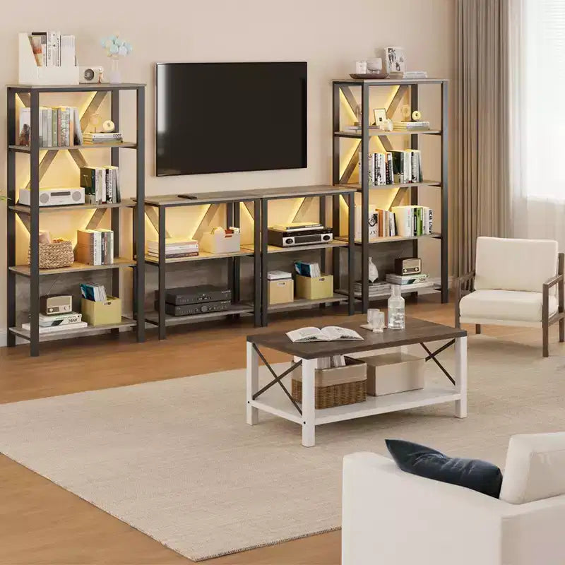 Bookshelf with LED Lights, Bookcase with Open Display Shelves, Wood and Metal Standing Display Bookshelf, Heavy Duty Bookcase for Office Living Room