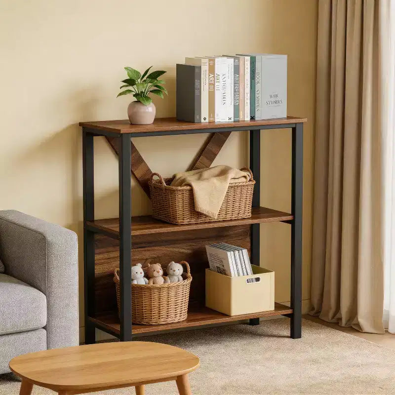 Bookshelf with LED Lights, Bookcase with Open Display Shelves, Wood and Metal Standing Display Bookshelf, Heavy Duty Bookcase for Office Living Room
