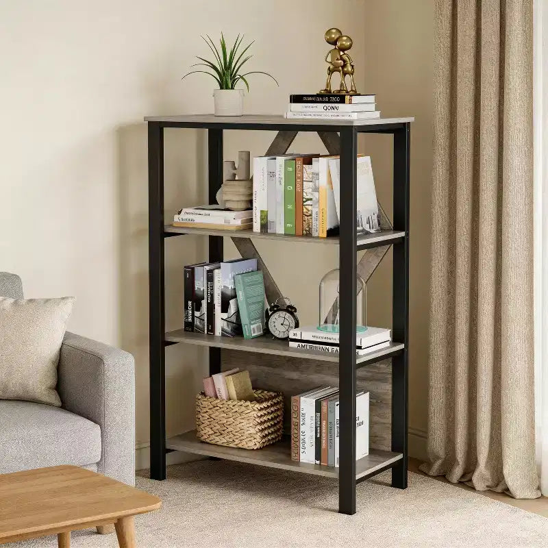 Bookshelf with LED Lights, Bookcase with Open Display Shelves, Wood and Metal Standing Display Bookshelf, Heavy Duty Bookcase for Office Living Room