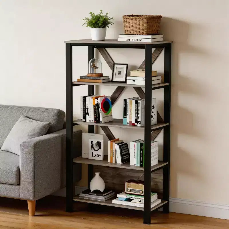Bookshelf with LED Lights, Bookcase with Open Display Shelves, Wood and Metal Standing Display Bookshelf, Heavy Duty Bookcase for Office Living Room