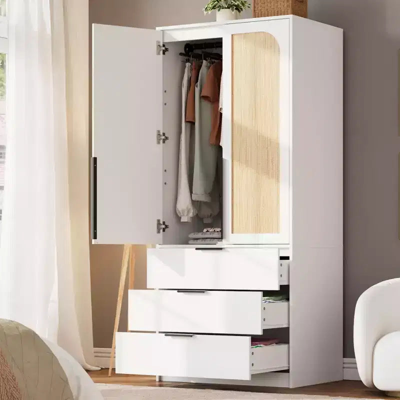 69.5 Wooden Armoire Wardrobe Closet with Rattan Doors, 3 Drawers & Hanging Rod for Bedroom Clothing Storage