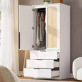 69.5 Wooden Armoire Wardrobe Closet with Rattan Doors, 3 Drawers & Hanging Rod for Bedroom Clothing Storage