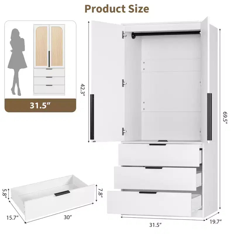 69.5 Wooden Armoire Wardrobe Closet with Rattan Doors, 3 Drawers & Hanging Rod for Bedroom Clothing Storage