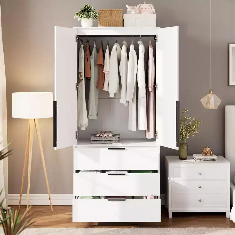 69.5 Wooden Armoire Wardrobe Closet with Rattan Doors, 3 Drawers & Hanging Rod for Bedroom Clothing Storage