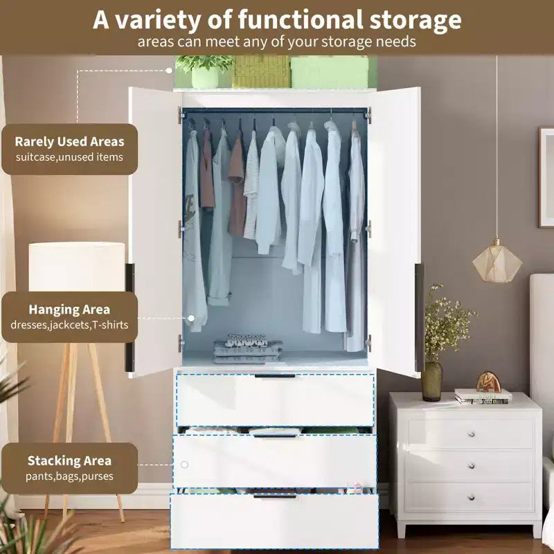 69.5 Wooden Armoire Wardrobe Closet with Rattan Doors, 3 Drawers & Hanging Rod for Bedroom Clothing Storage