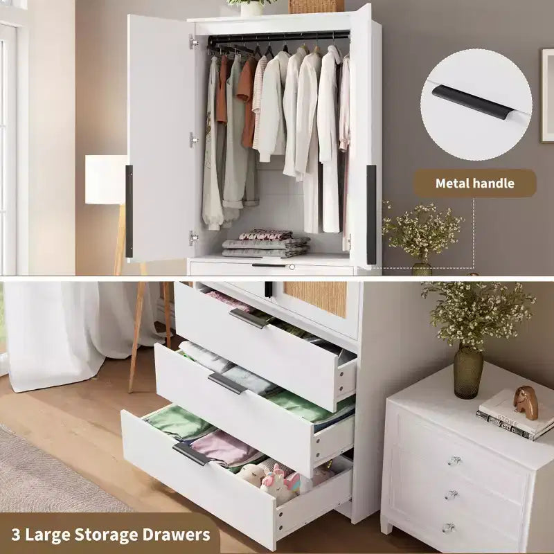 69.5 Wooden Armoire Wardrobe Closet with Rattan Doors, 3 Drawers & Hanging Rod for Bedroom Clothing Storage