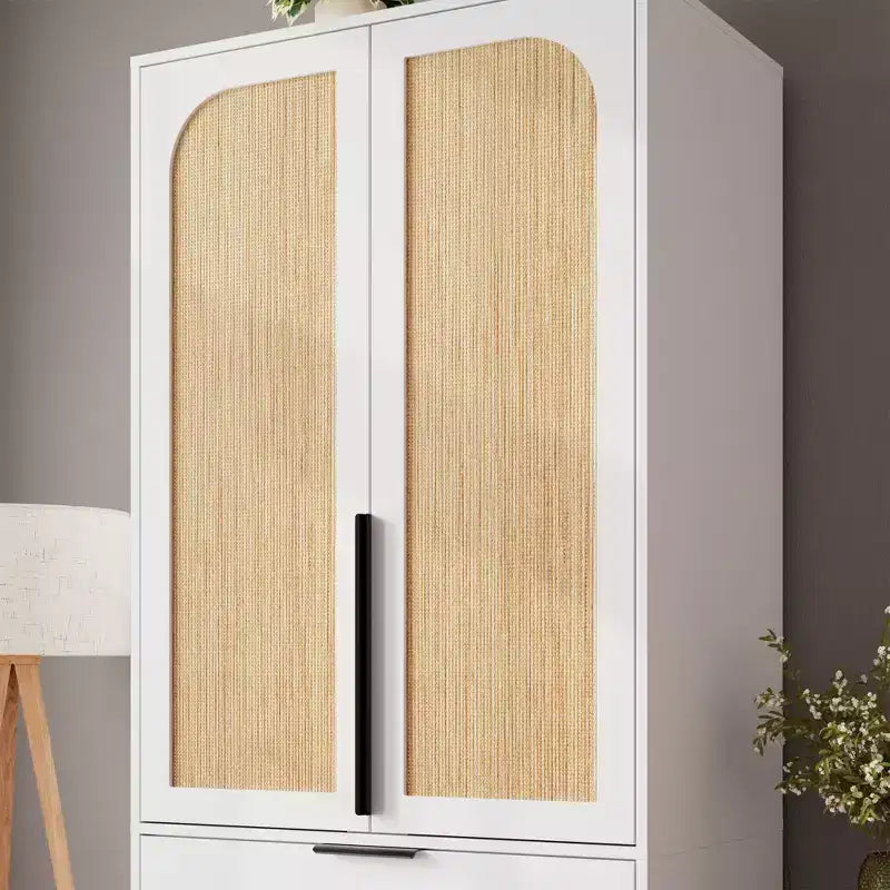 69.5 Wooden Armoire Wardrobe Closet with Rattan Doors, 3 Drawers & Hanging Rod for Bedroom Clothing Storage