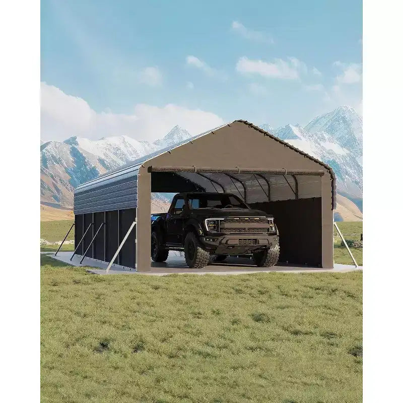 LinTimes 12x24 FT Carport Heavy-Duty Steel Garage Shelter for Vehicle Parking, 103 Inch Peak Height Roll-Up Door Protection with Reinforced Frame
