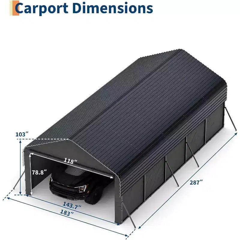 LinTimes 12x24 FT Carport Heavy-Duty Steel Garage Shelter for Vehicle Parking, 103 Inch Peak Height Roll-Up Door Protection with Reinforced Frame