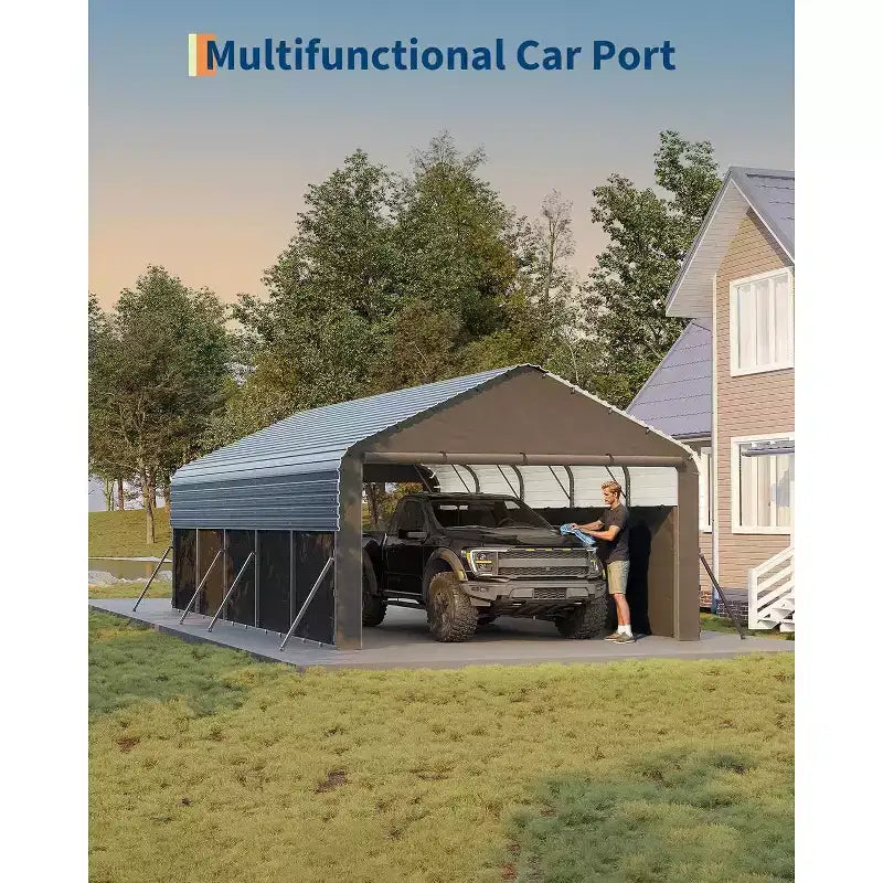 LinTimes 12x24 FT Carport Heavy-Duty Steel Garage Shelter for Vehicle Parking, 103 Inch Peak Height Roll-Up Door Protection with Reinforced Frame