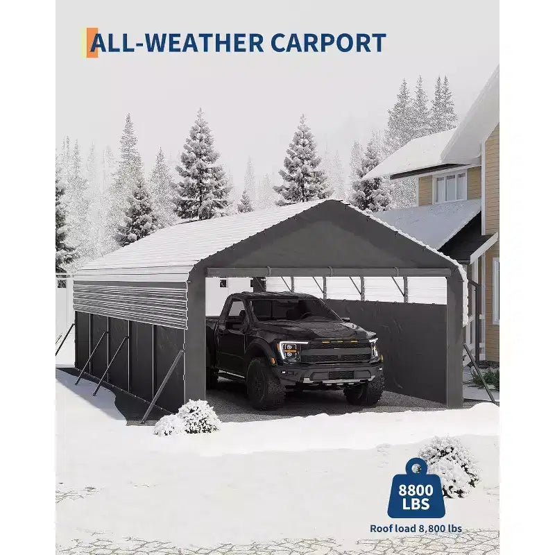 LinTimes 12x24 FT Carport Heavy-Duty Steel Garage Shelter for Vehicle Parking, 103 Inch Peak Height Roll-Up Door Protection with Reinforced Frame