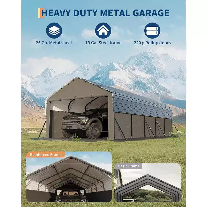 LinTimes 12x24 FT Carport Heavy-Duty Steel Garage Shelter for Vehicle Parking, 103 Inch Peak Height Roll-Up Door Protection with Reinforced Frame