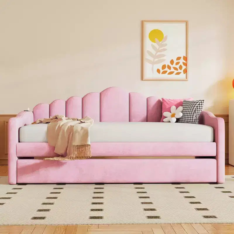 FAMYYT Twin Size Upholstered Daybed With Charging Station, Trundle, Easy Assembly
