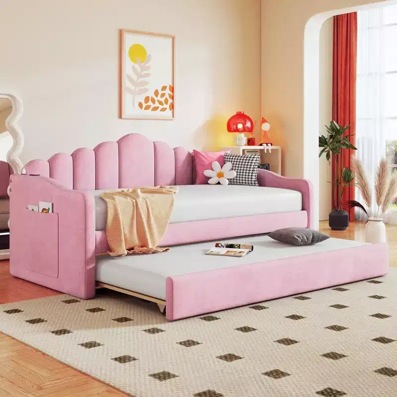 FAMYYT Twin Size Upholstered Daybed With Charging Station, Trundle, Easy Assembly