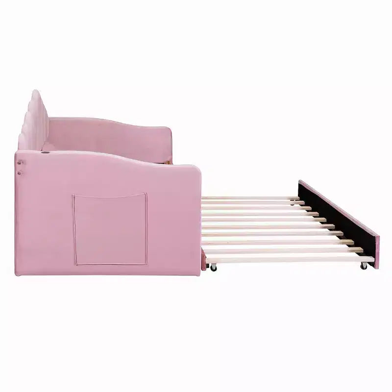 FAMYYT Twin Size Upholstered Daybed With Charging Station, Trundle, Easy Assembly