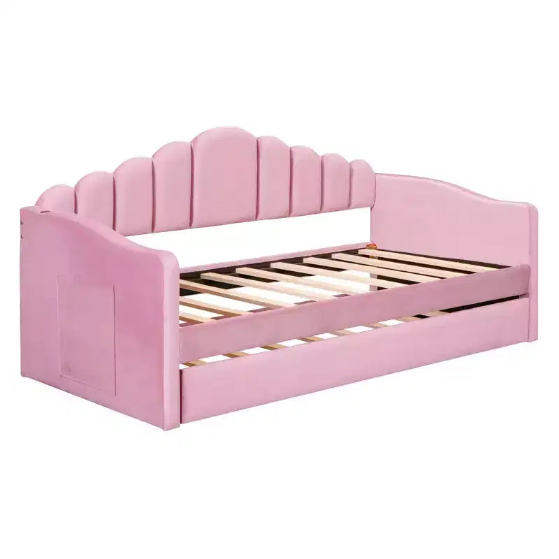 FAMYYT Twin Size Upholstered Daybed With Charging Station, Trundle, Easy Assembly