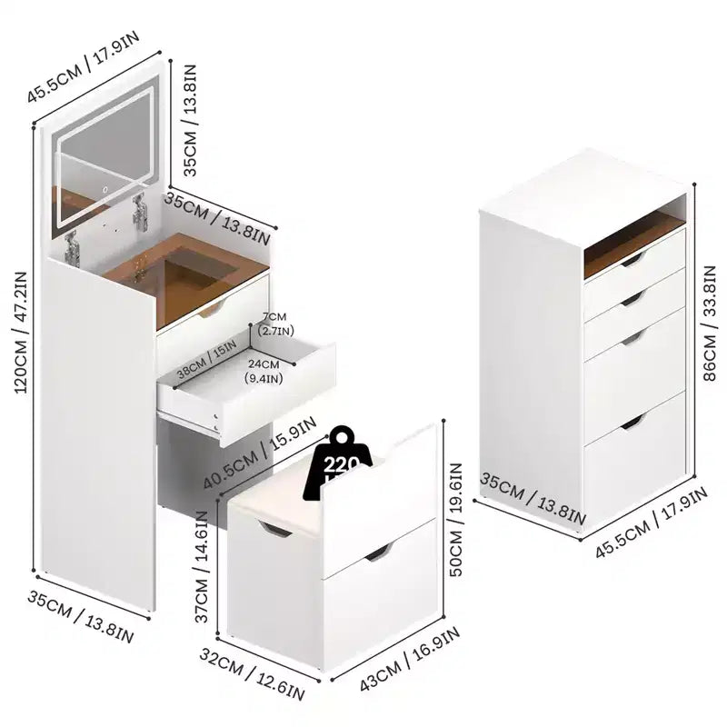 JVNOXK 3-in-1 Multifunctional Dressing Table and Stool Set , Flip-Up HD Mirror & Hidden Storage